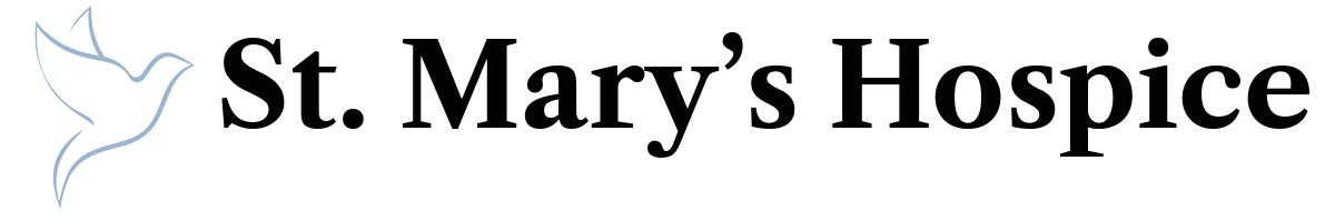 Logo: The words St. Mary's Hospice in a bold but traditioinal serif font. To the left a calligraphic-style drawing of a dove made of swooping lines in cornflower blue, a light, gentle blue.