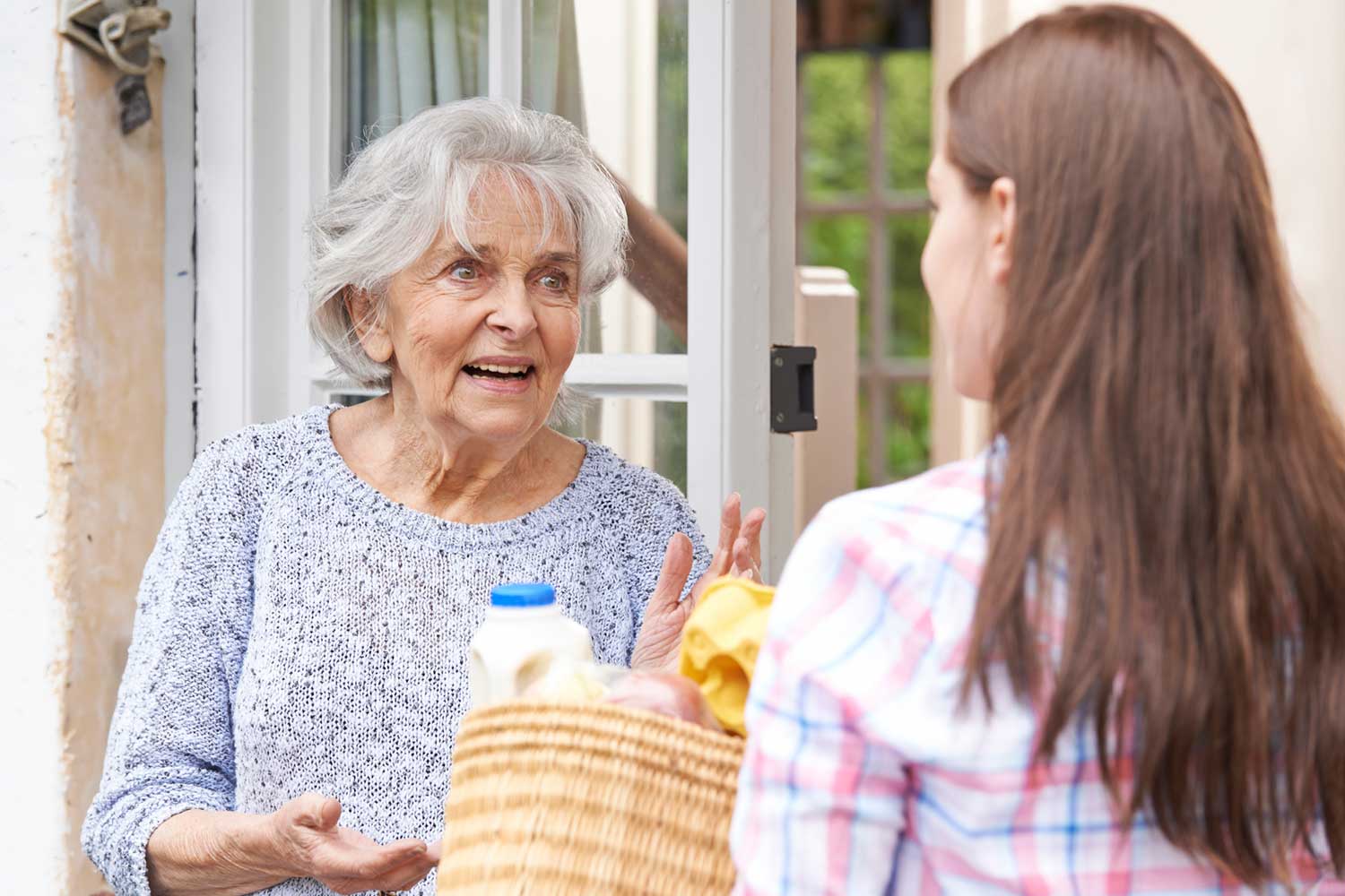 Hospice volunteer delivering groceries and offering support to an elderly woman at home.